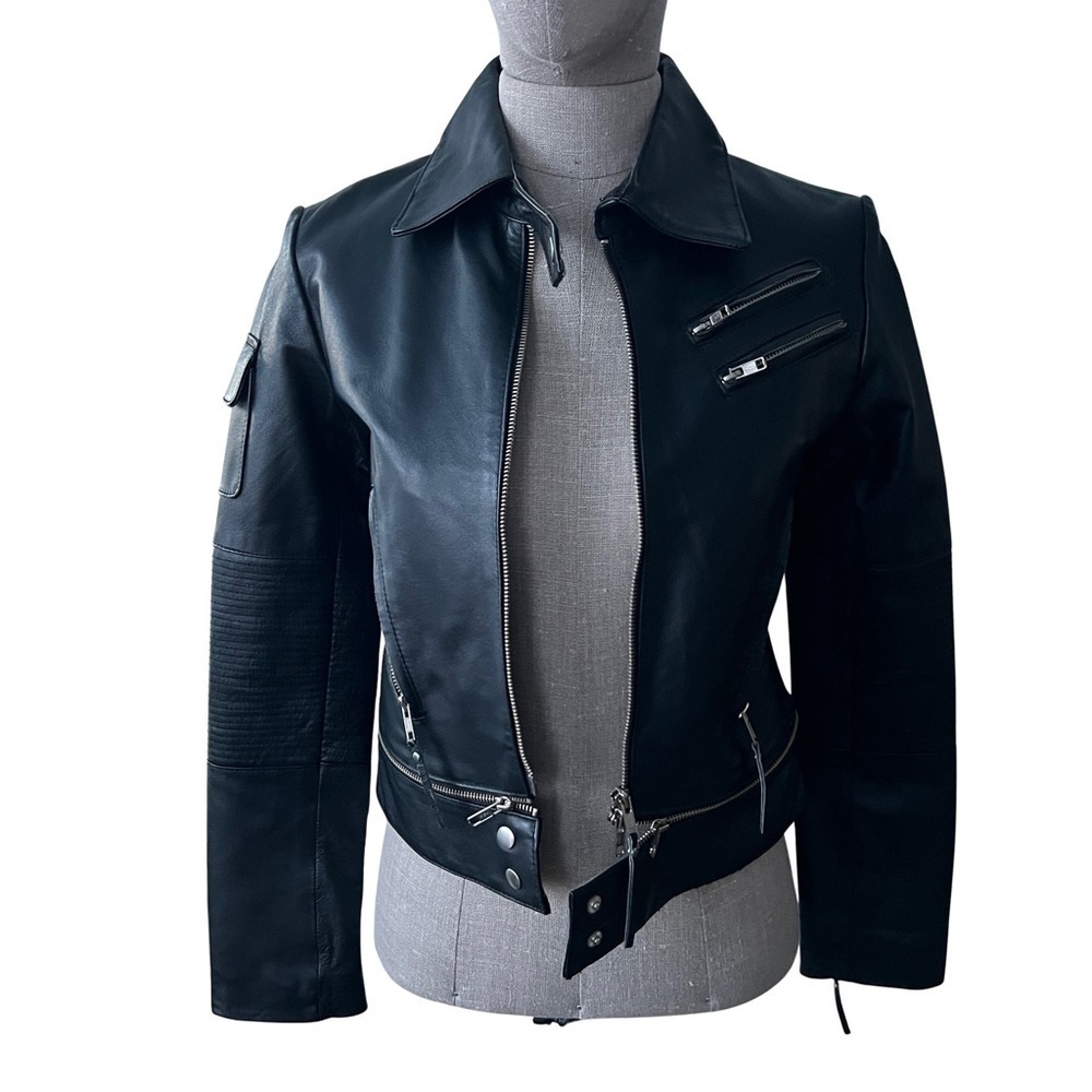 Black Leather Moto Biker Motorcycle Jacket Size XSmall
